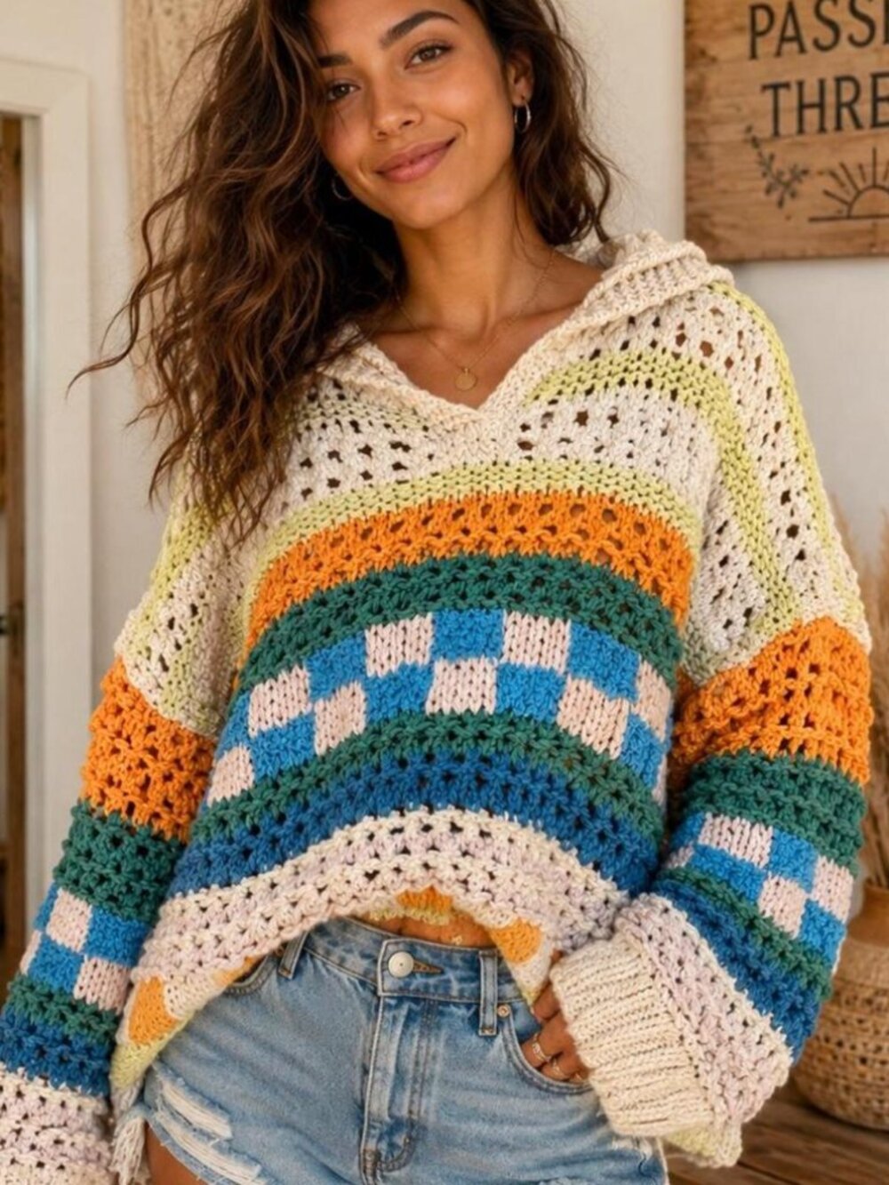 Free People Poolside Crochet Hoodie Oversized Chunky Knit Multicolor XS/S NWOT